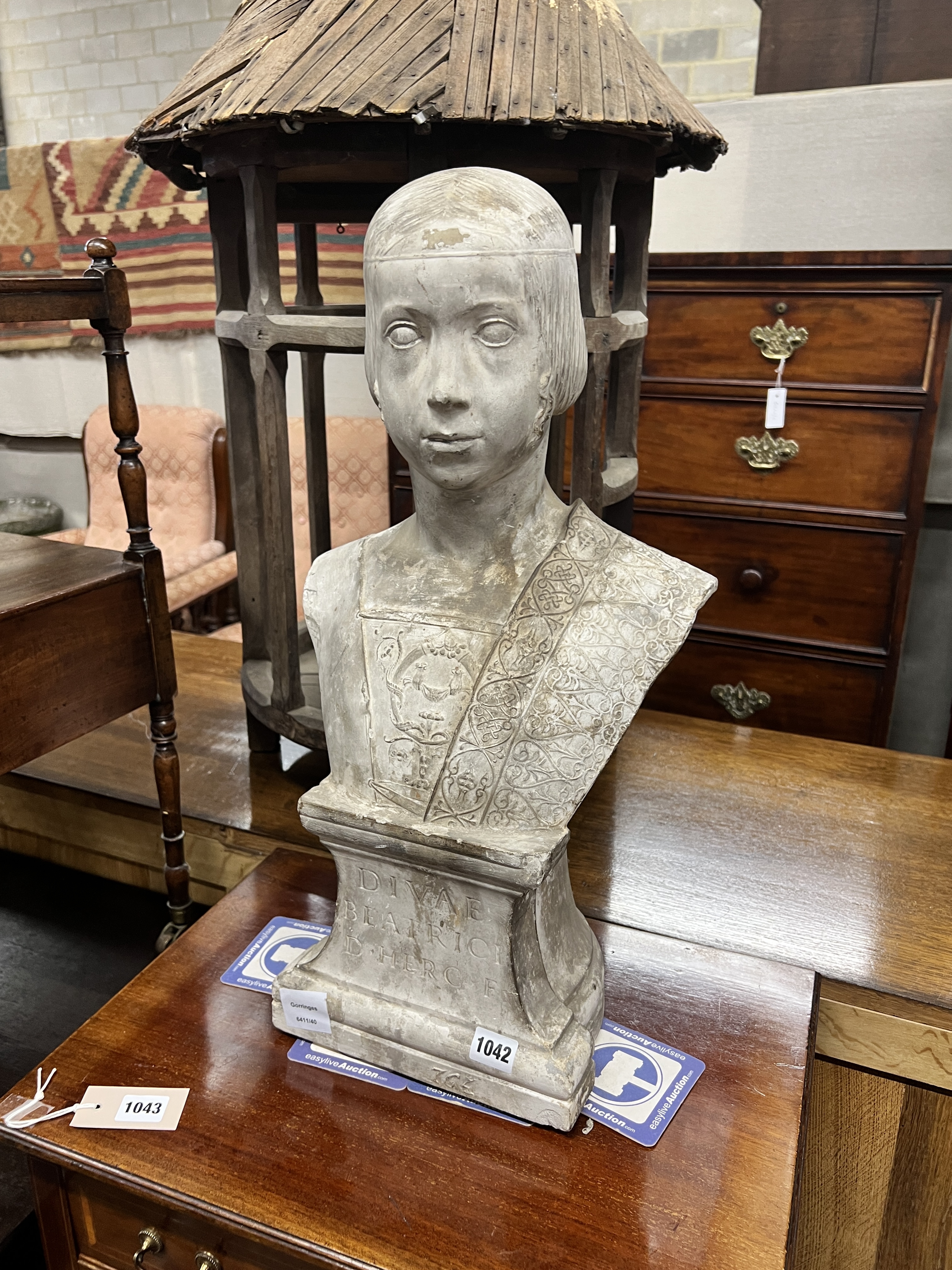 A 19th century earthenware bust of Beatrice, height 60cm